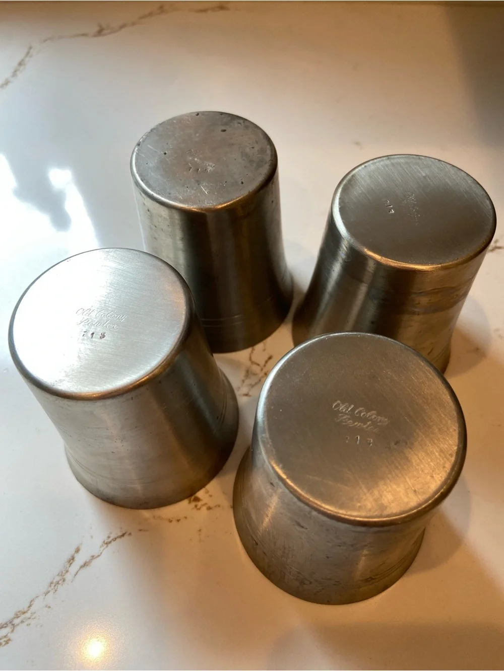 Vintage Pewter Cups Set Of (4)  Marked Old World Pewter 3” Cups Mid-century